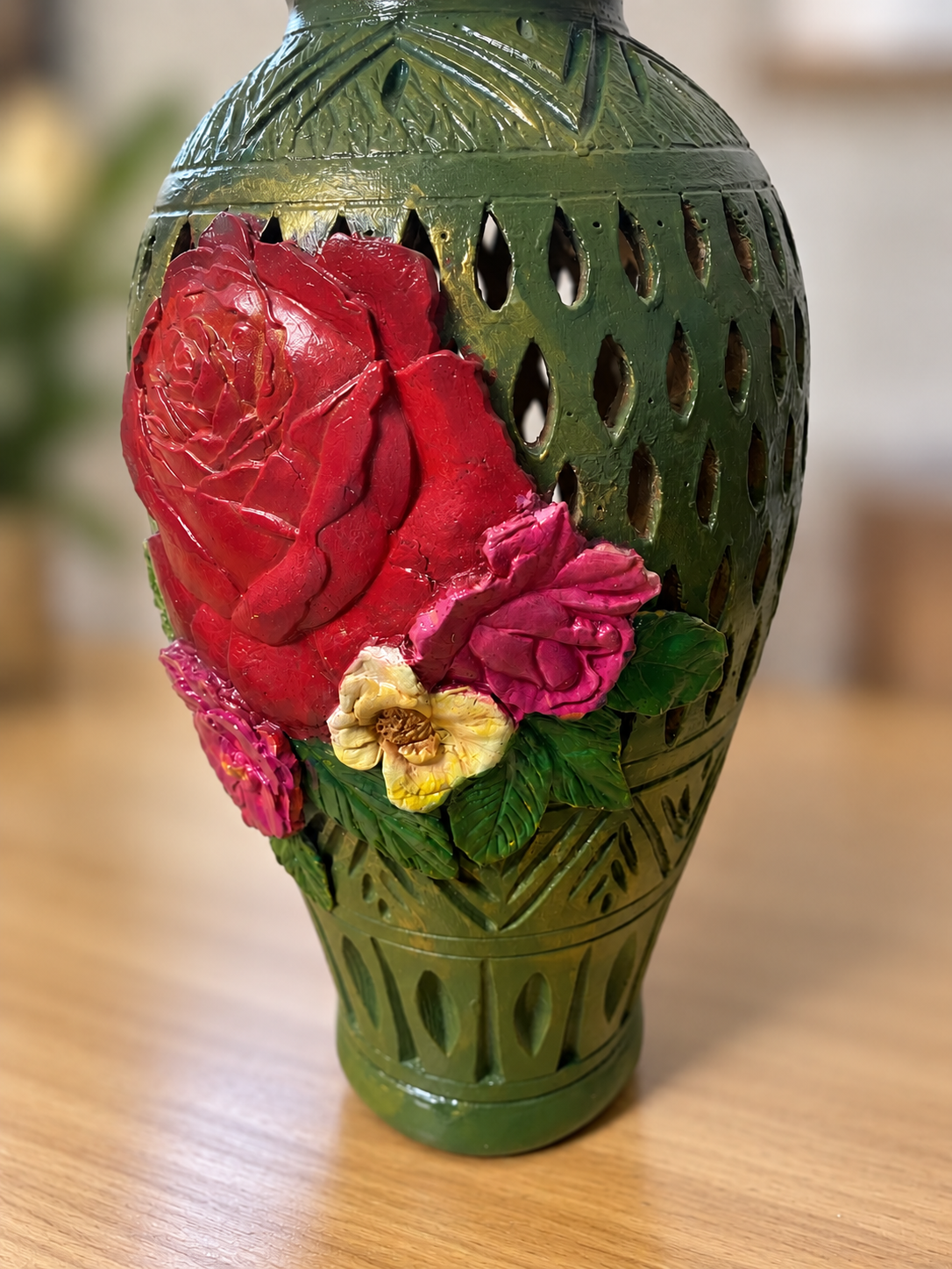 Handcrafted Floral Decorative Vase – Green with 3D Roses