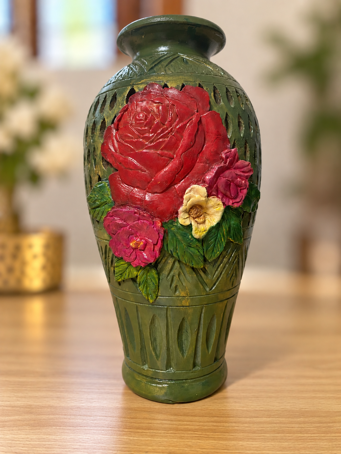 Handcrafted Floral Decorative Vase – Green with 3D Roses