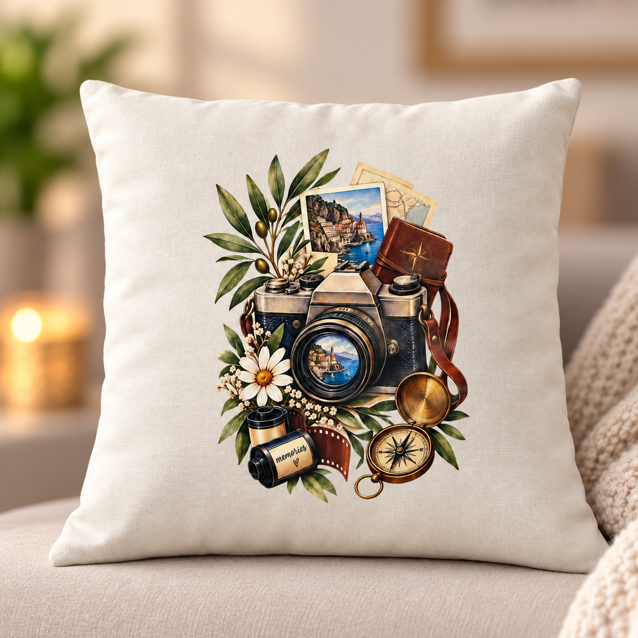 Wanderlust Memories Travel Cushion – Vintage Camera & Compass Design