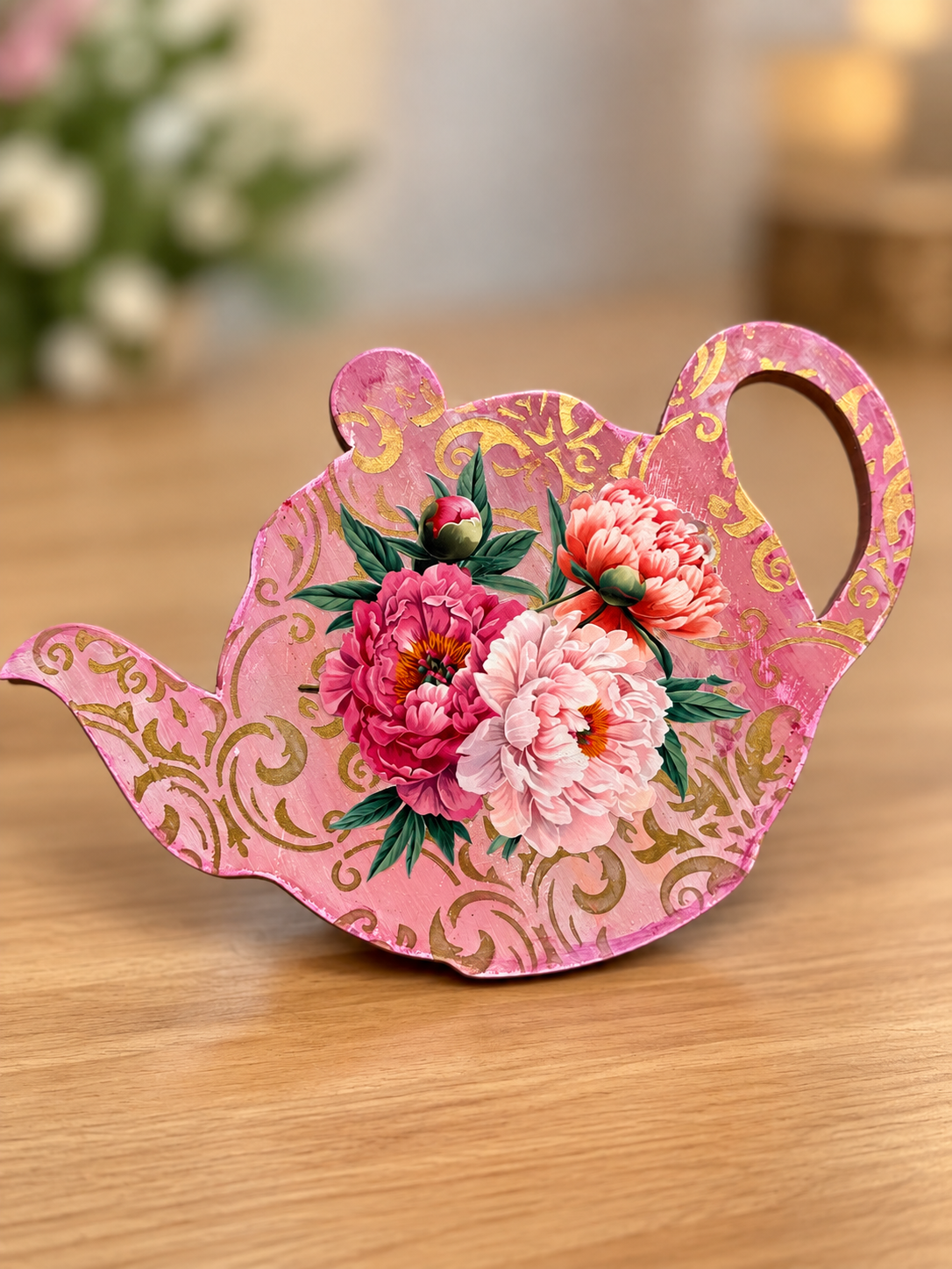 Floral Pink Teapot Wooden Decor