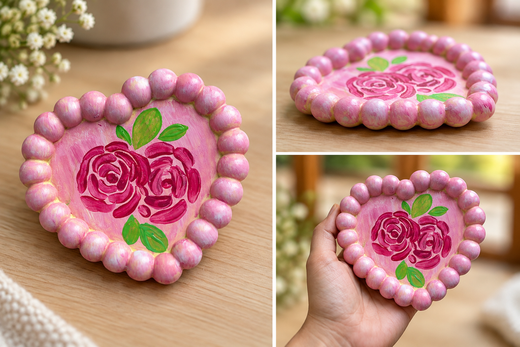 Hand-Painted Pink Floral Heart Trinket Tray