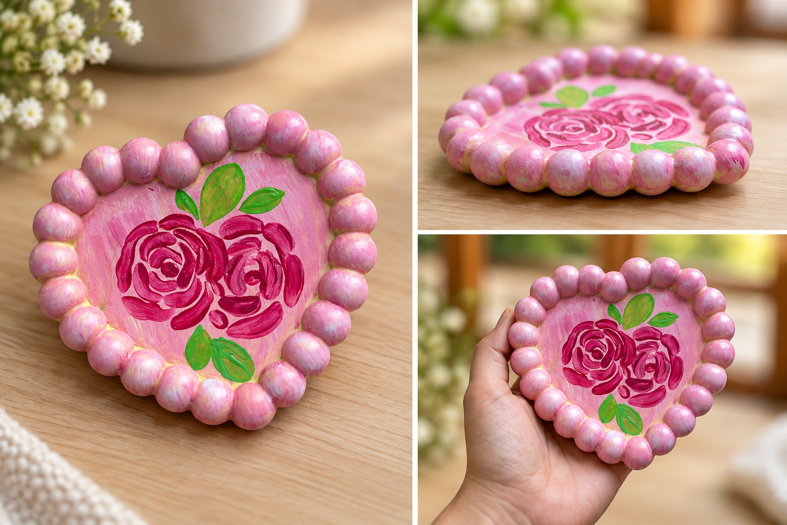 Hand-Painted Pink Floral Heart Trinket Tray