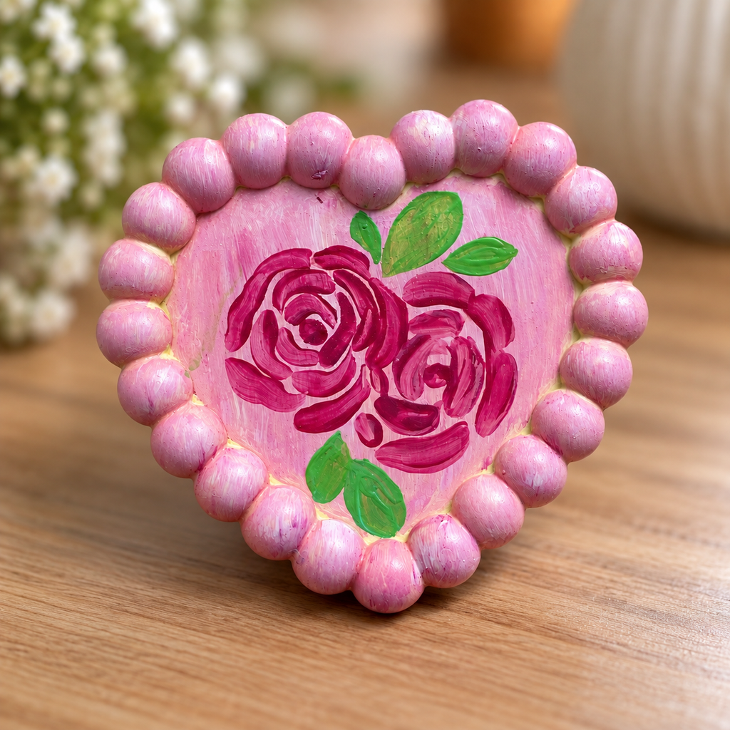 Hand-Painted Pink Floral Heart Trinket Tray