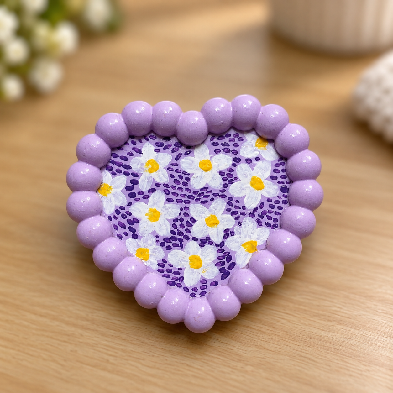 Hand-Painted Lavender Daisy Heart Trinket Tray