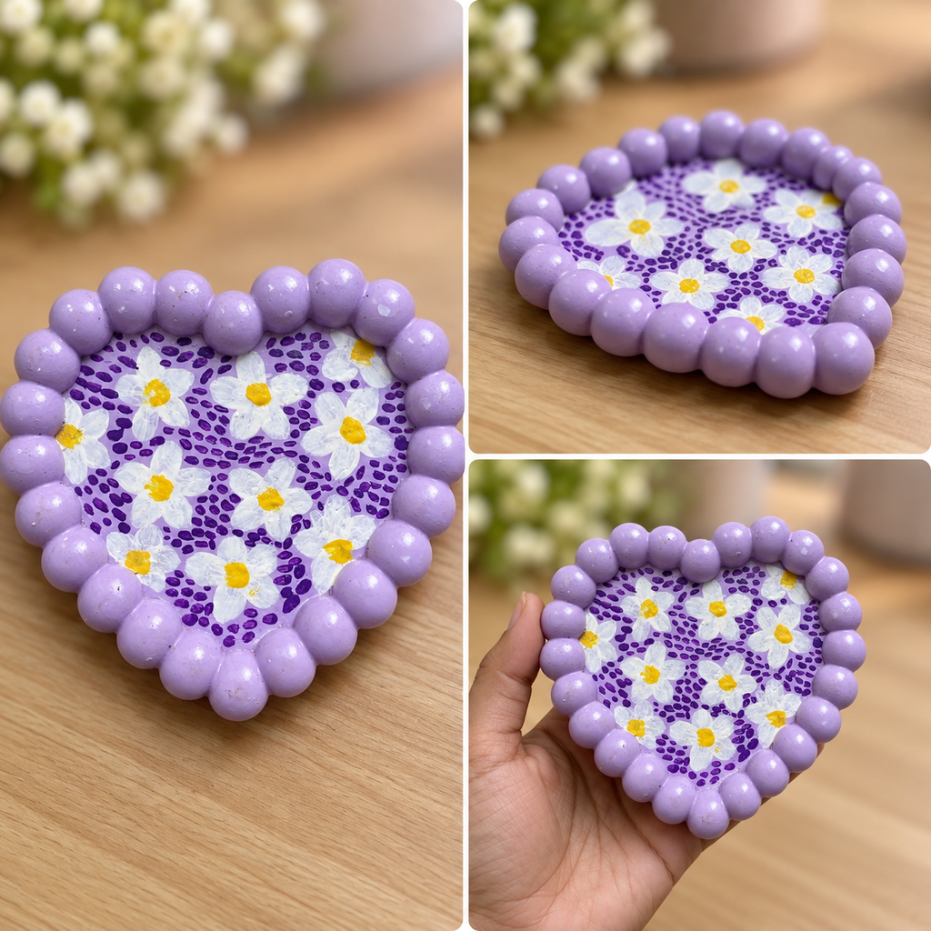 Hand-Painted Lavender Daisy Heart Trinket Tray