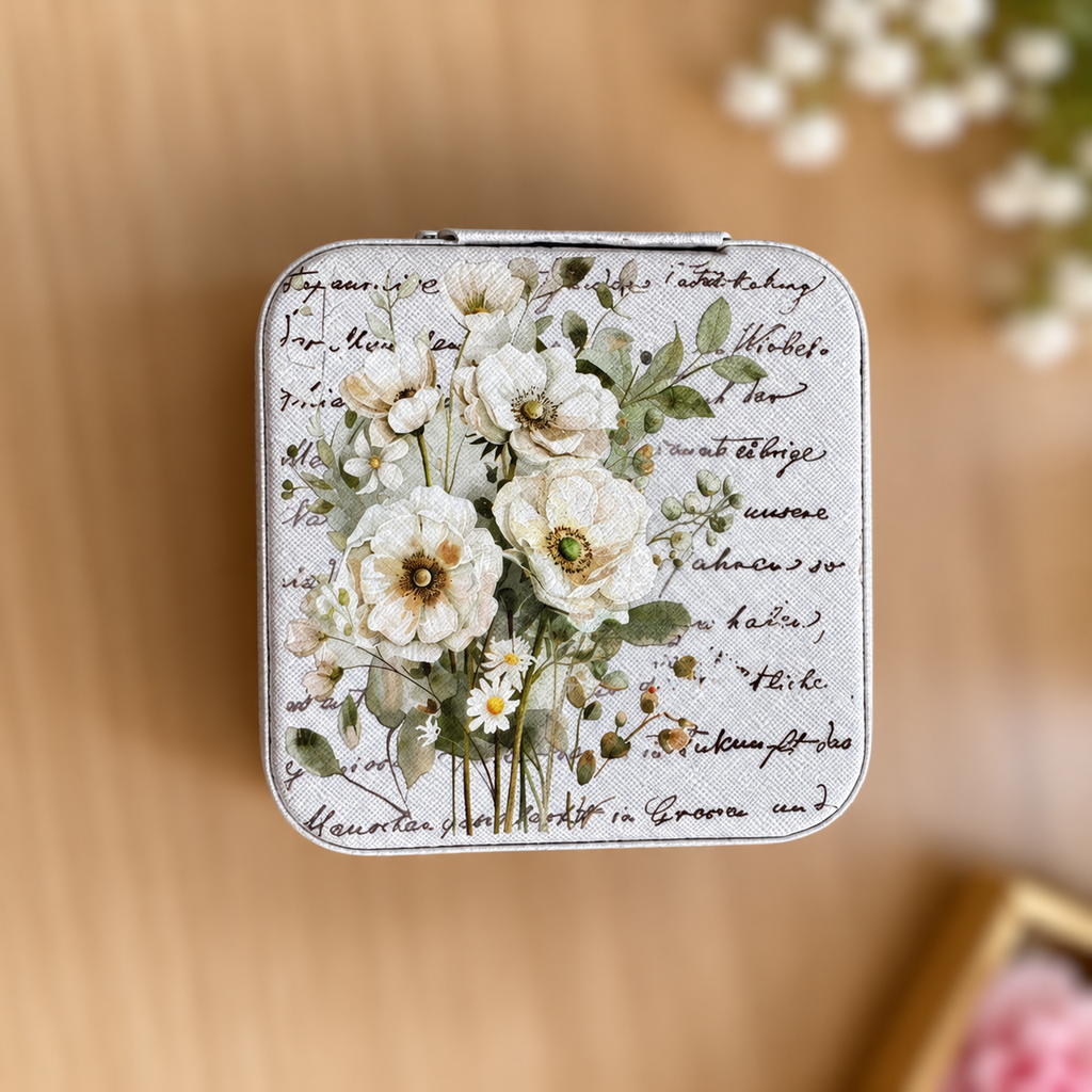 Vintage White Blossom Travel Jewelry Box – Botanical Floral Print