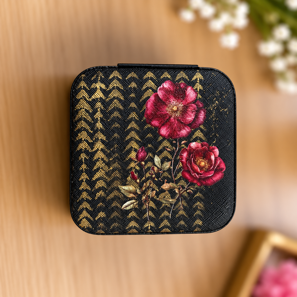 Midnight Rose Travel Jewelry Box – Black & Gold Floral Design