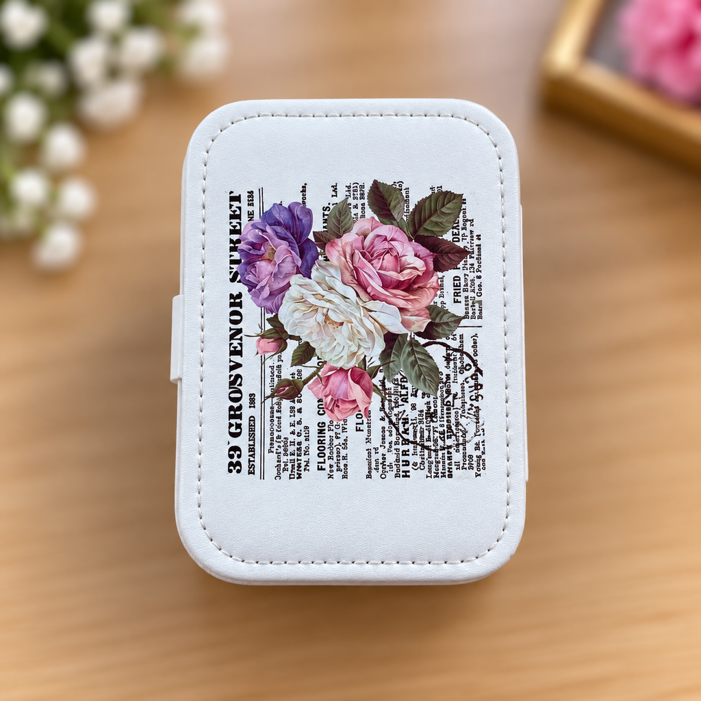 Vintage Rose Newspaper Travel Jewelry Box – White Floral Design